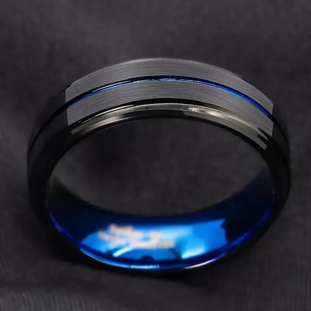 Tungsten Steel matte black polished double beveled blue channel wedding ring
